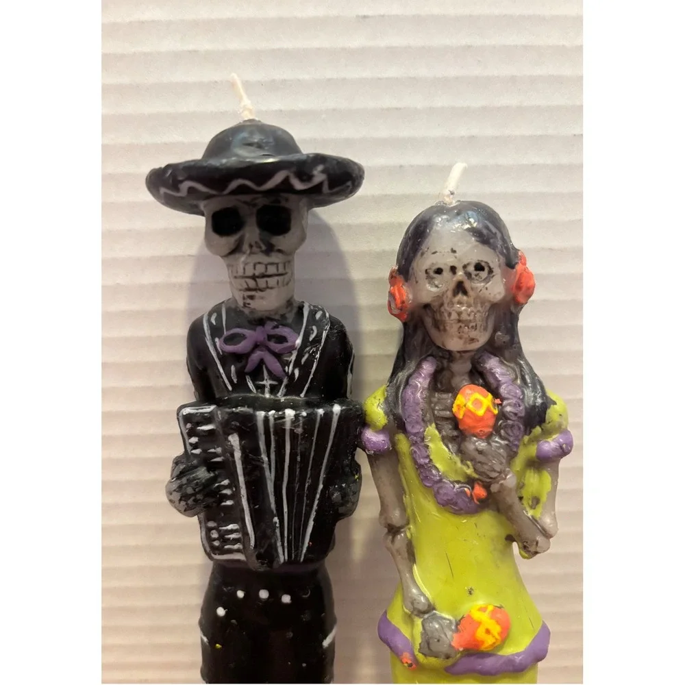 Day of the Dead Skeleton Taper Candles Set Accordion Maracas Mexican Folk Art